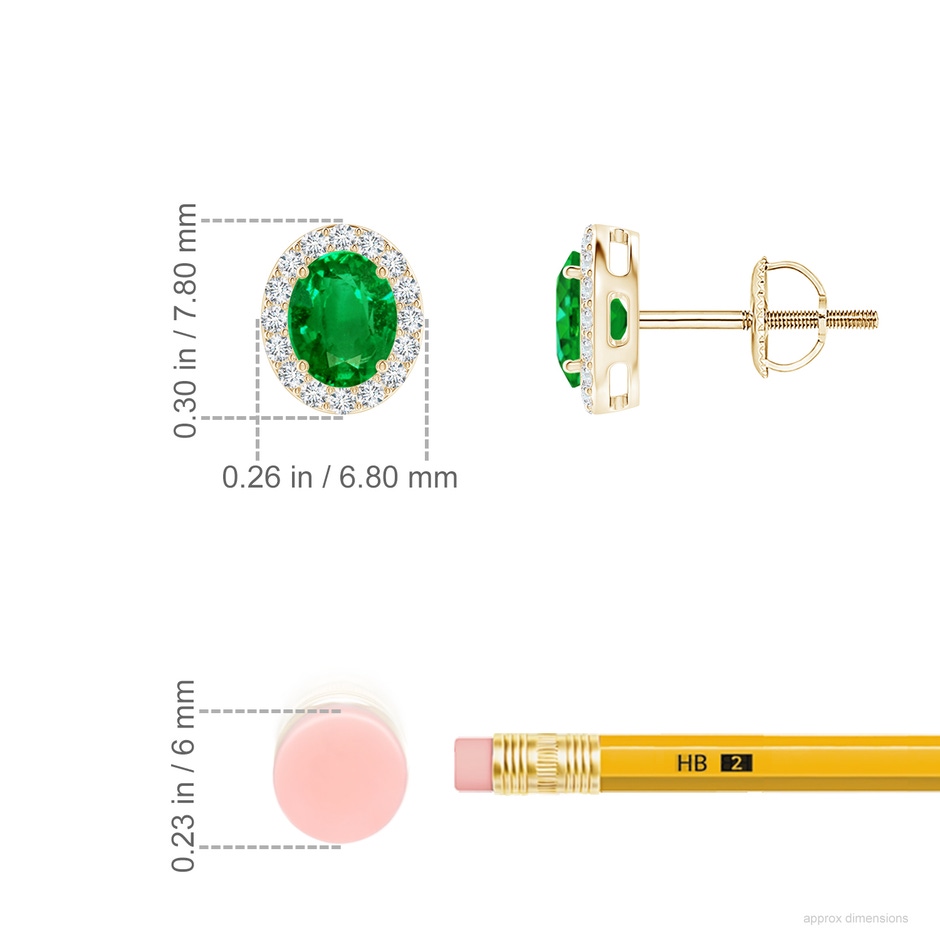 5x4mm AAAA Prong-Set Oval Emerald Stud Earrings with Diamond Halo in Yellow Gold ruler