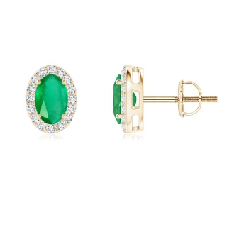 6x4mm A Oval Emerald Studs with Diamond Halo in Yellow Gold