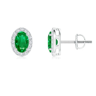 6x4mm AAA Oval Emerald Studs with Diamond Halo in White Gold