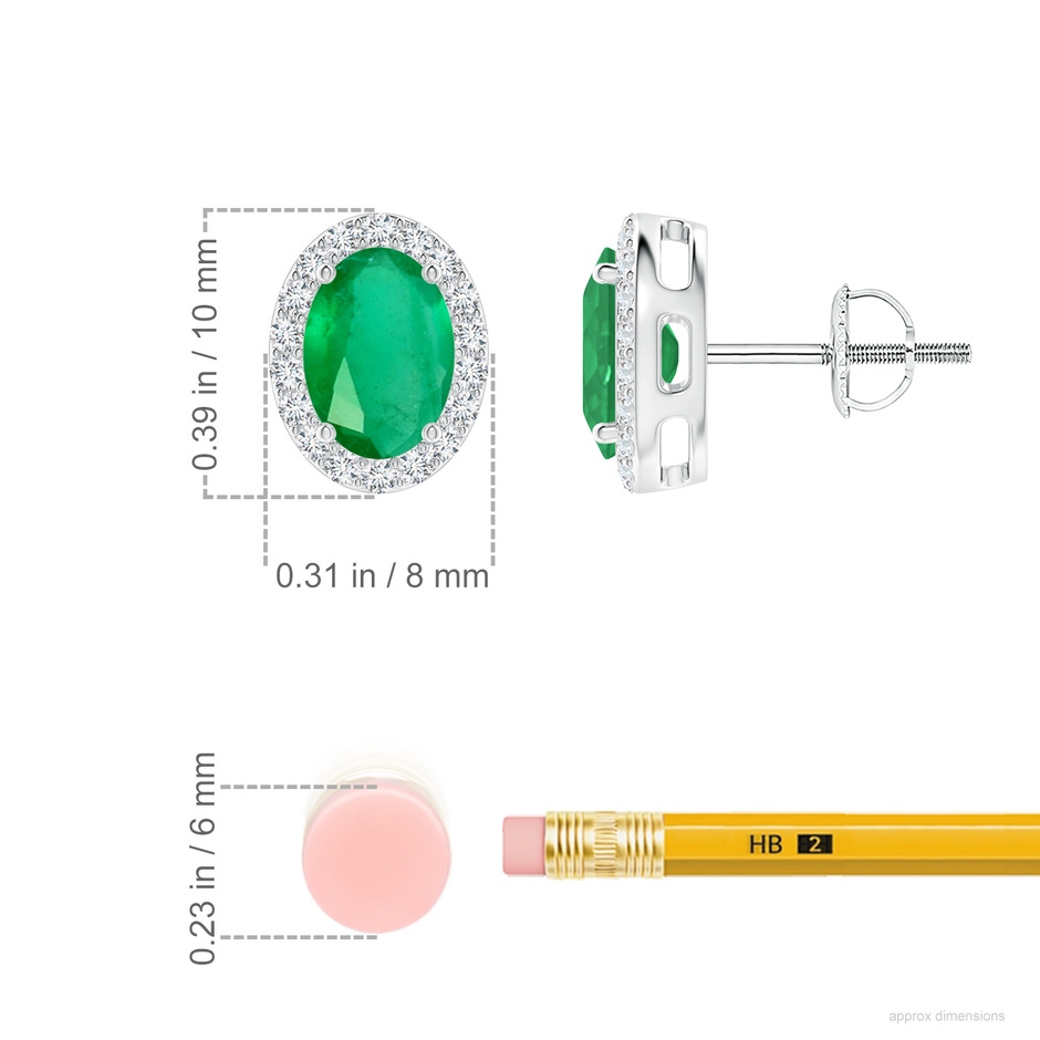 7x5mm A Prong-Set Oval Emerald Stud Earrings with Diamond Halo in White Gold ruler