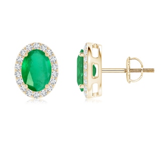 7x5mm A Prong-Set Oval Emerald Stud Earrings with Diamond Halo in Yellow Gold