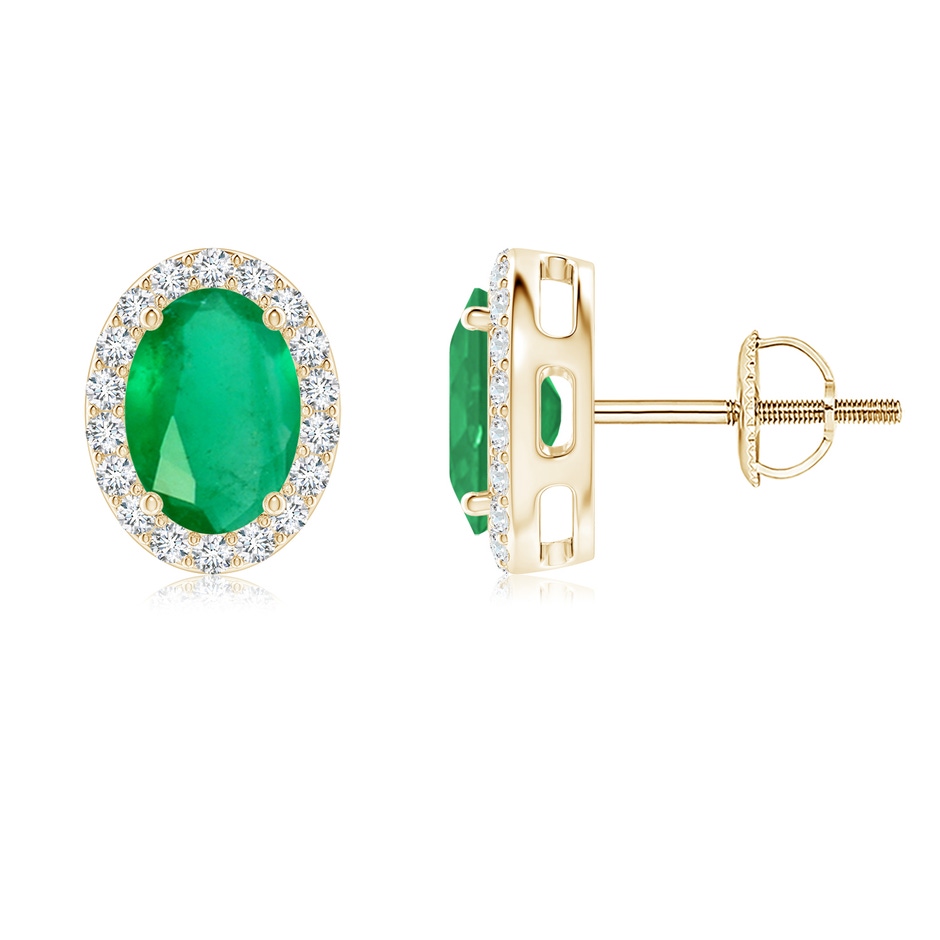 7x5mm A Prong-Set Oval Emerald Stud Earrings with Diamond Halo in Yellow Gold 