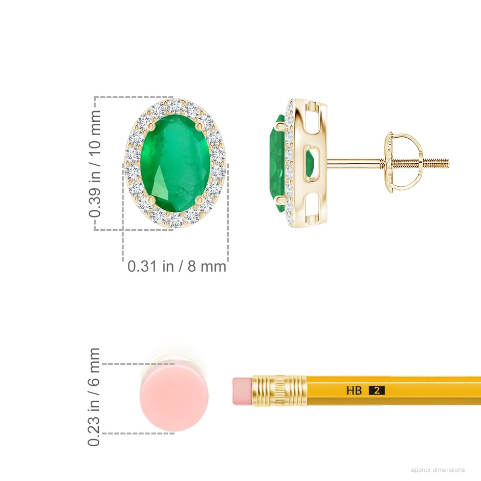 7x5mm A Prong-Set Oval Emerald Stud Earrings with Diamond Halo in Yellow Gold ruler