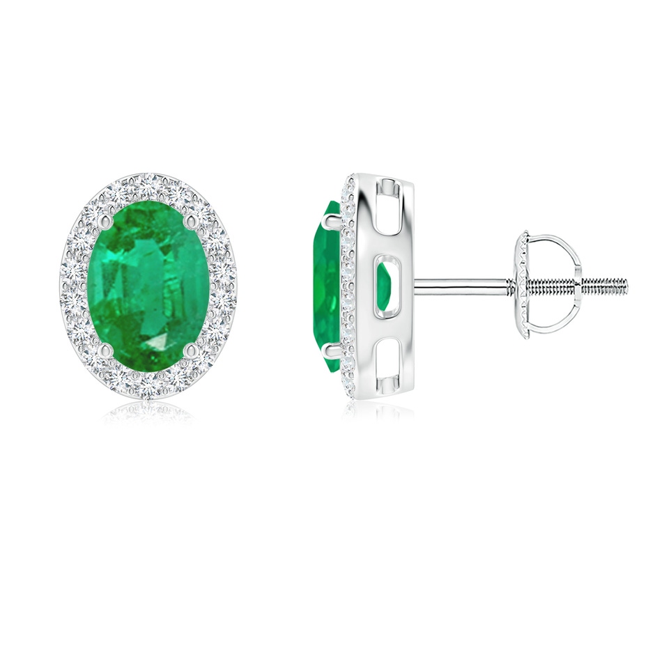 7x5mm AA Prong-Set Oval Emerald Stud Earrings with Diamond Halo in P950 Platinum 