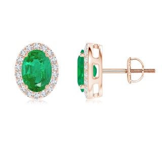 7x5mm AA Prong-Set Oval Emerald Stud Earrings with Diamond Halo in Rose Gold