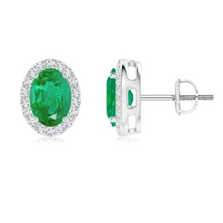 7x5mm AA Prong-Set Oval Emerald Stud Earrings with Diamond Halo in White Gold