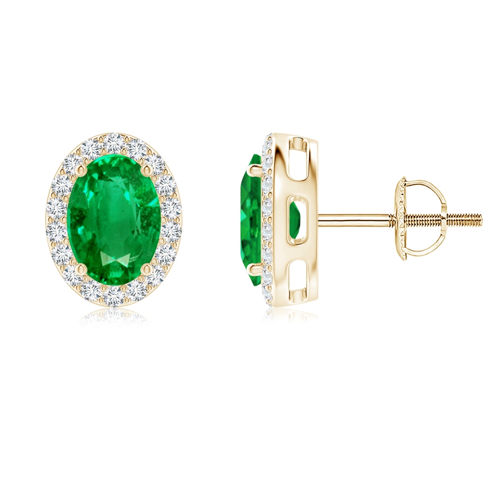 7x5mm AAA Oval Emerald Studs with Diamond Halo in Yellow Gold