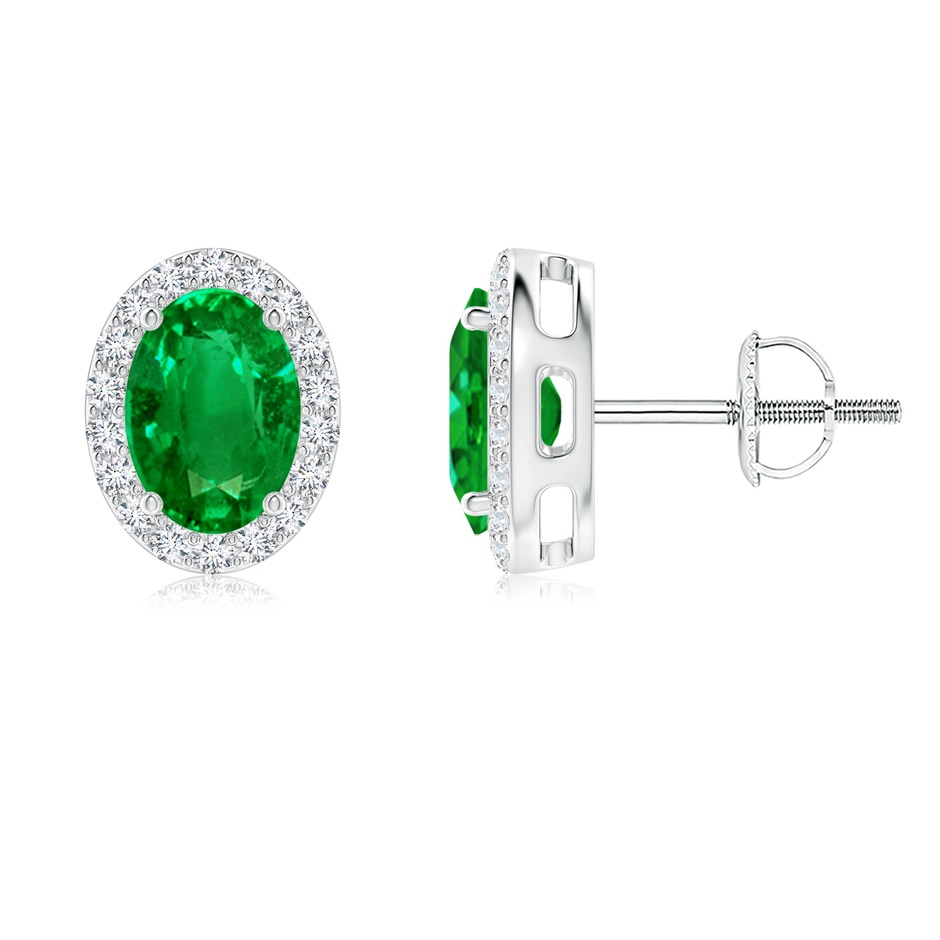 7x5mm AAAA Oval Emerald Studs with Diamond Halo in P950 Platinum 