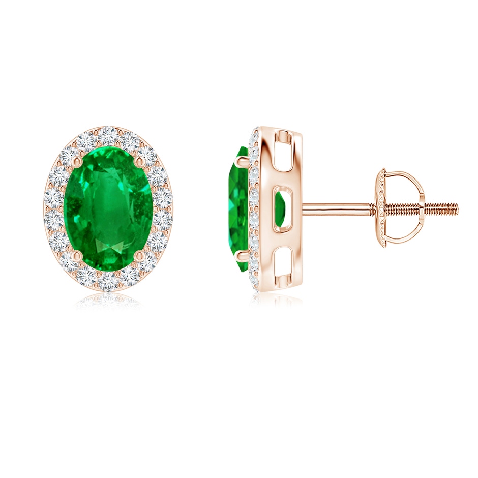 7x5mm AAAA Oval Emerald Studs with Diamond Halo in Rose Gold 