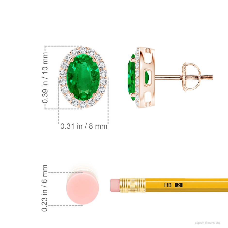 7x5mm AAAA Oval Emerald Studs with Diamond Halo in Rose Gold ruler