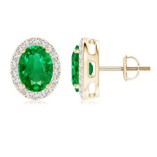 8x6mm AAA Oval Emerald Studs with Diamond Halo in Yellow Gold