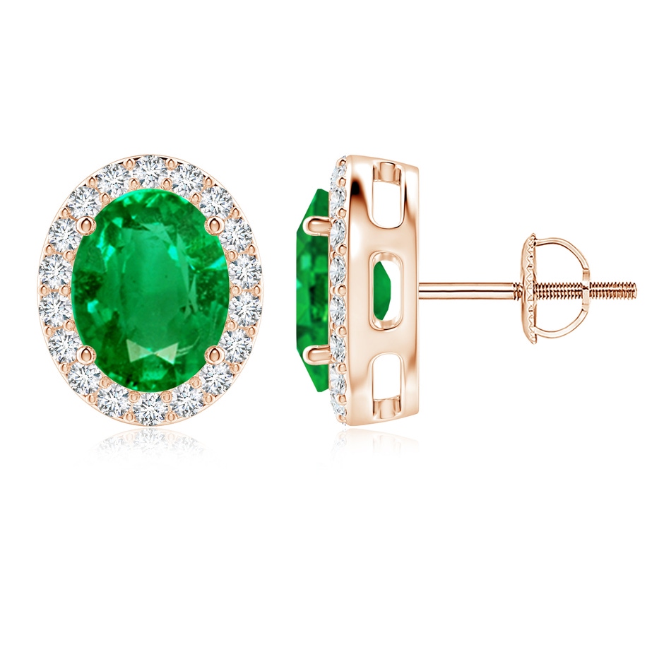 9x7mm AAA Oval Emerald Studs with Diamond Halo in Rose Gold 