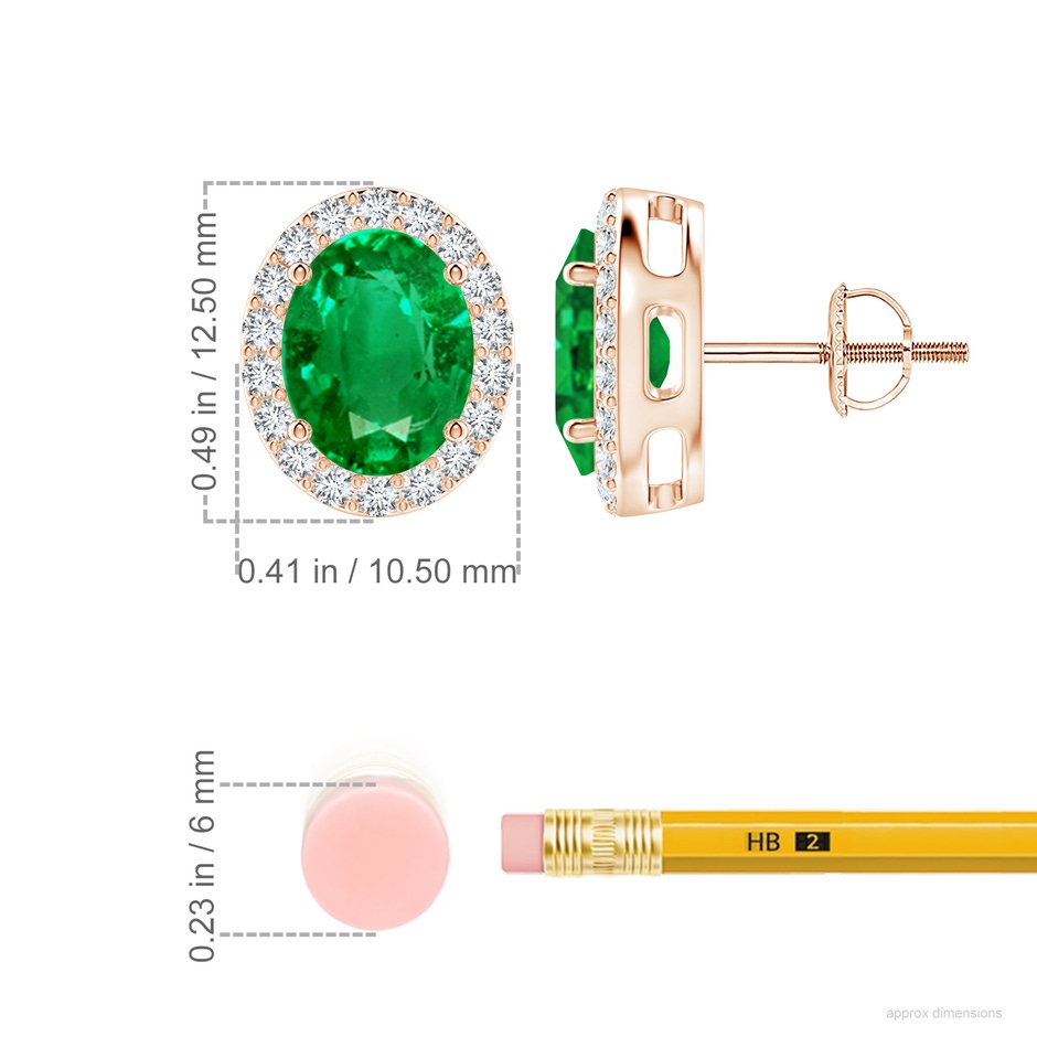 9x7mm AAA Oval Emerald Studs with Diamond Halo in Rose Gold ruler