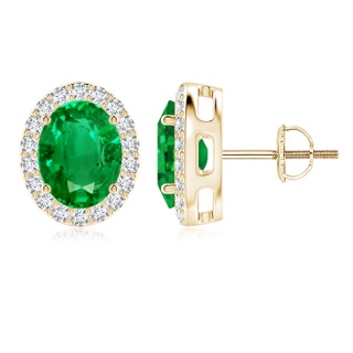 9x7mm AAA Oval Emerald Studs with Diamond Halo in Yellow Gold