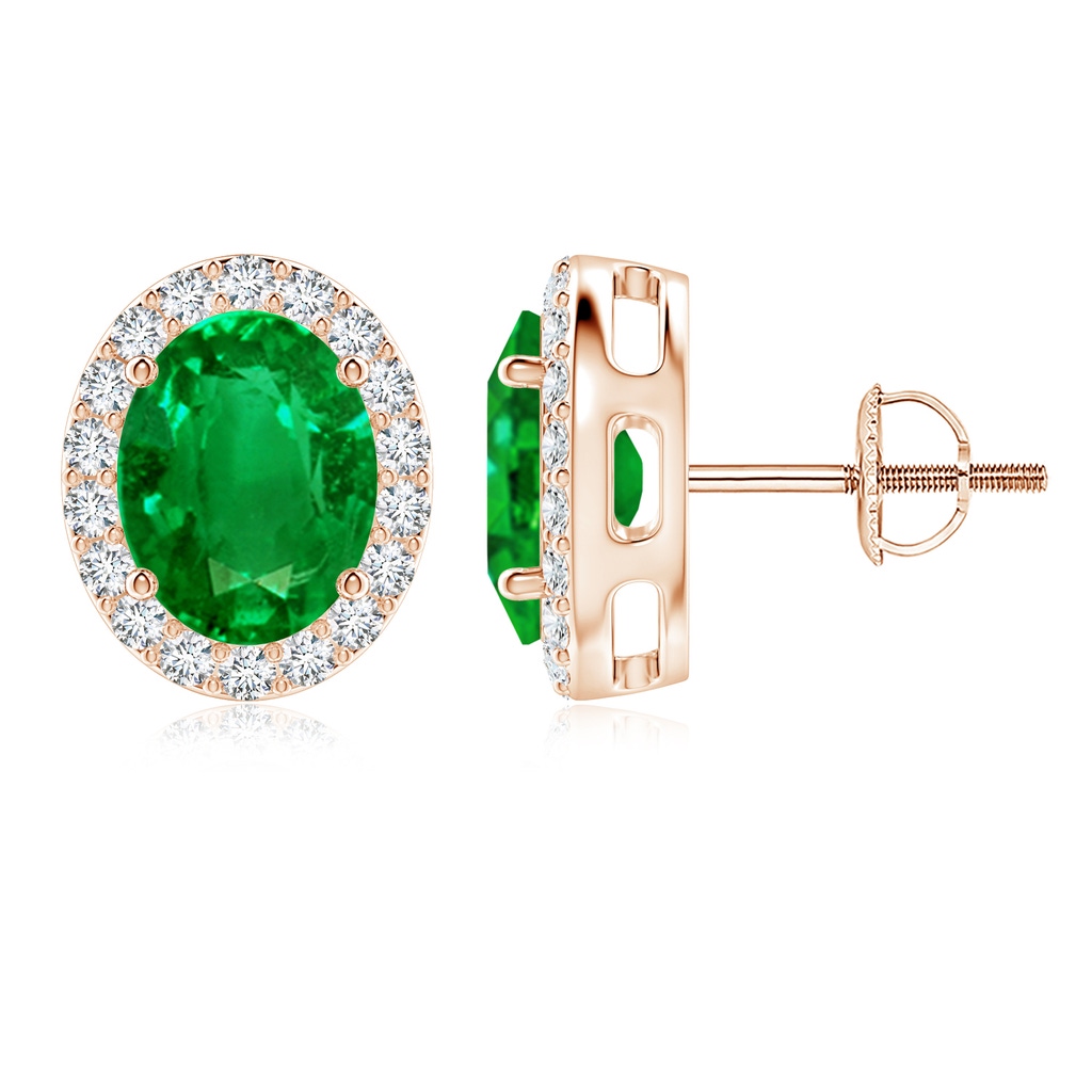 9x7mm AAAA Oval Emerald Studs with Diamond Halo in 9K Rose Gold