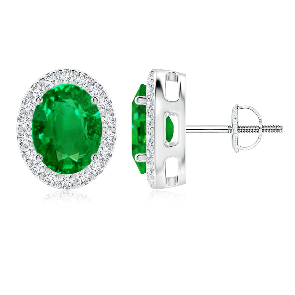 9x7mm AAAA Oval Emerald Studs with Diamond Halo in 9K White Gold