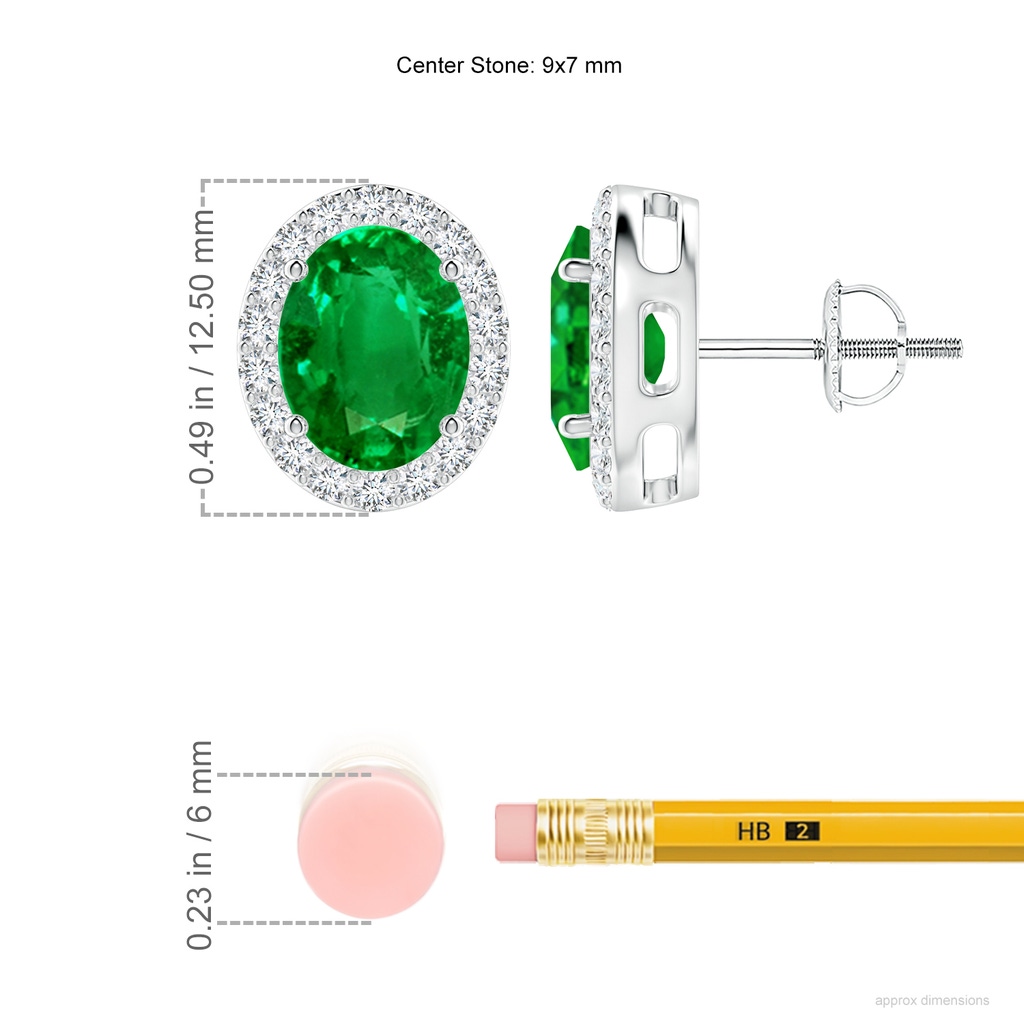 9x7mm AAAA Oval Emerald Studs with Diamond Halo in White Gold ruler