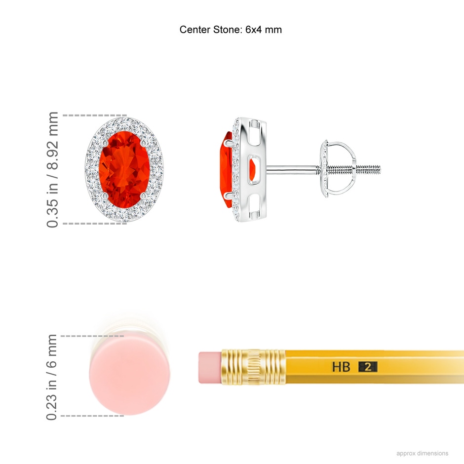 6x4mm AAAA Oval Fire Opal Studs with Diamond Halo in P950 Platinum ruler