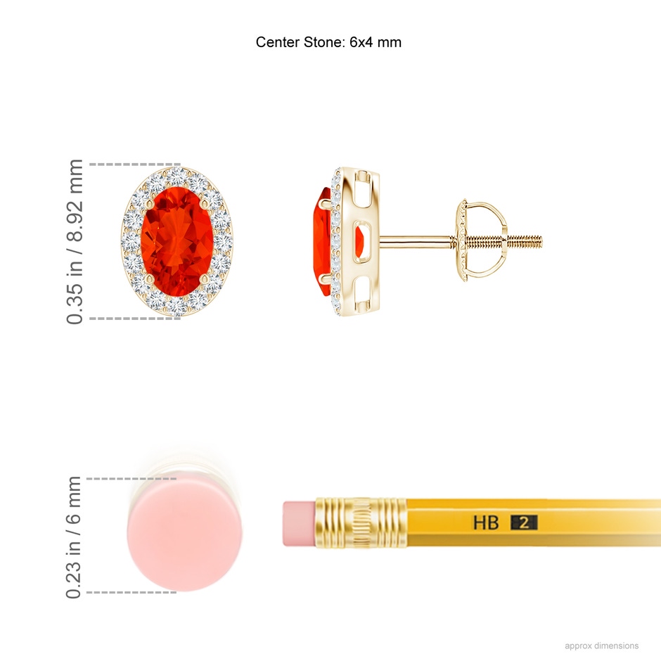 6x4mm AAAA Oval Fire Opal Studs with Diamond Halo in Yellow Gold ruler