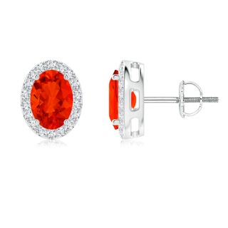 7x5mm AAAA Oval Fire Opal Studs with Diamond Halo in P950 Platinum