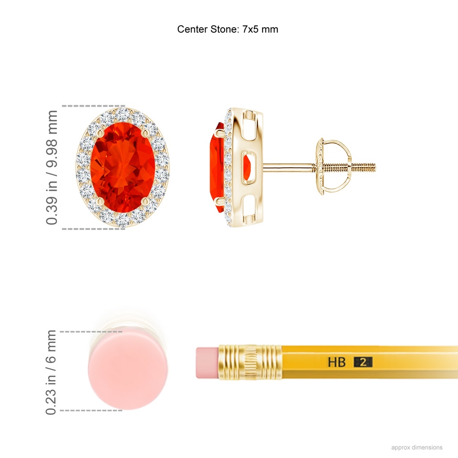 7x5mm AAAA Oval Fire Opal Studs with Diamond Halo in Yellow Gold ruler