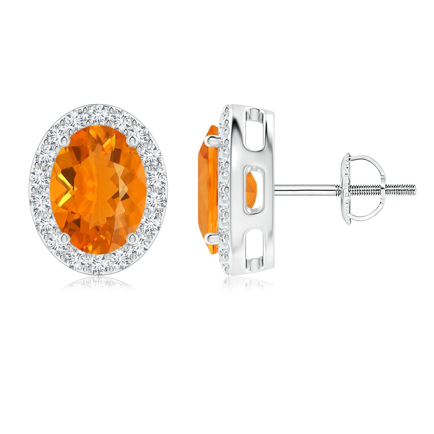 8x6mm AA Oval Fire Opal Studs with Diamond Halo in P950 Platinum