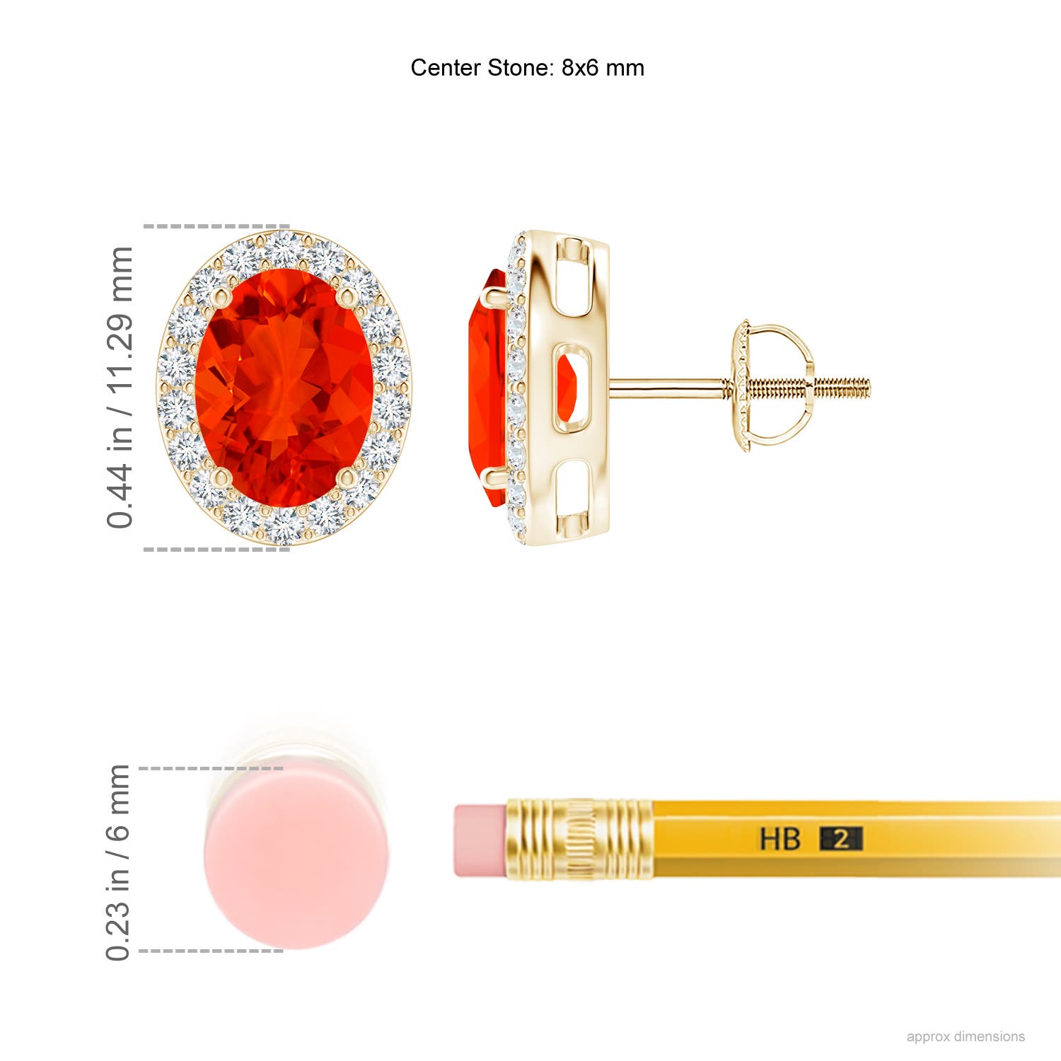 8x6mm AAAA Oval Fire Opal Studs with Diamond Halo in Yellow Gold - ruler