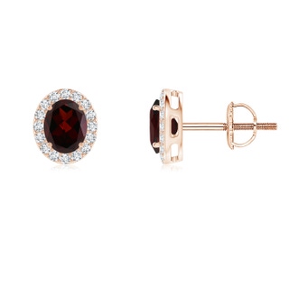 5x4mm A Prong-Set Oval Garnet Stud Earrings with Diamond Halo in 10K Rose Gold