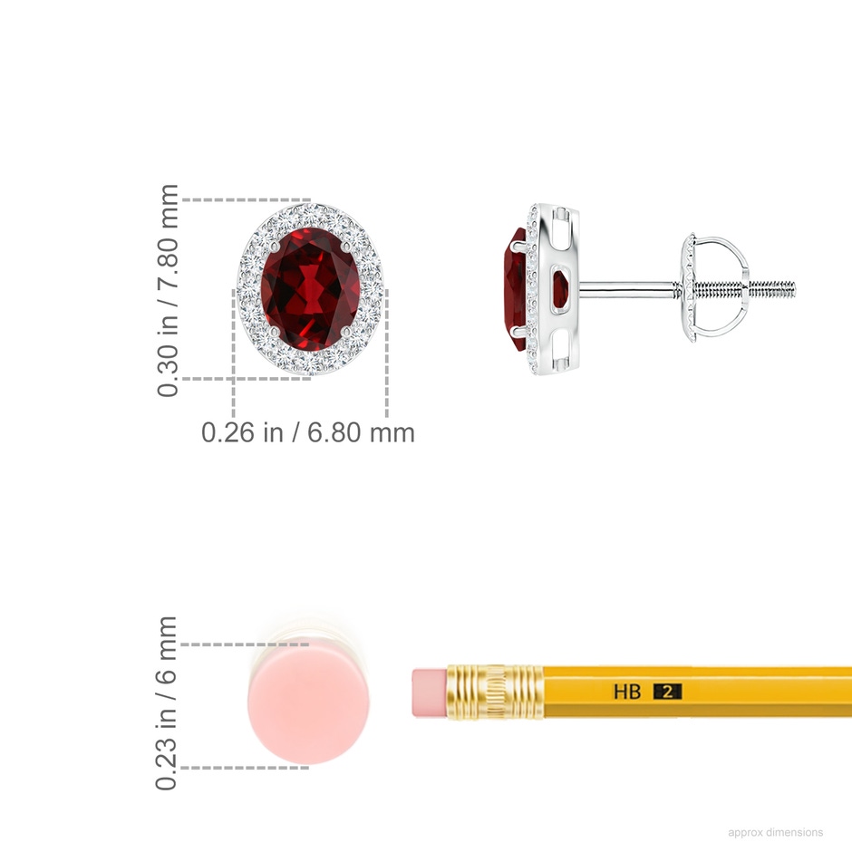 5x4mm AAAA Prong-Set Oval Garnet Stud Earrings with Diamond Halo in P950 Platinum ruler