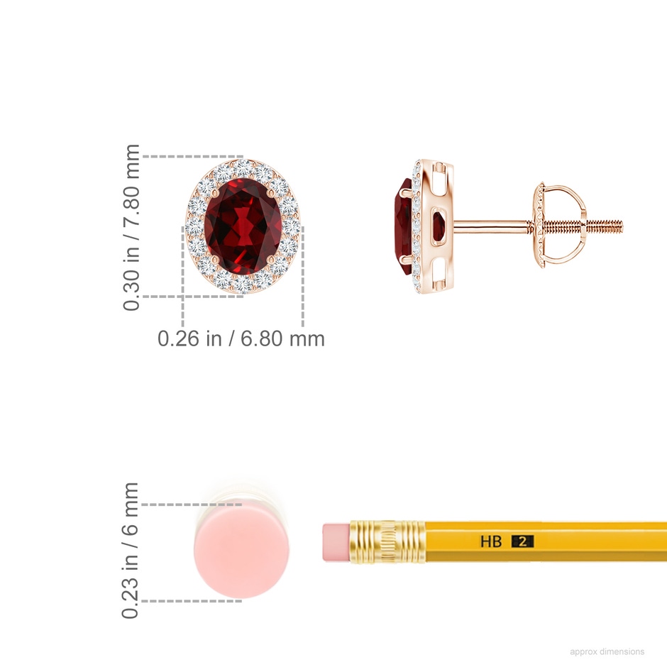 5x4mm AAAA Prong-Set Oval Garnet Stud Earrings with Diamond Halo in Rose Gold ruler