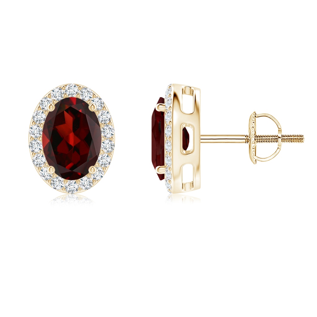 7x5mm AAA Oval Garnet Studs with Diamond Halo in Yellow Gold