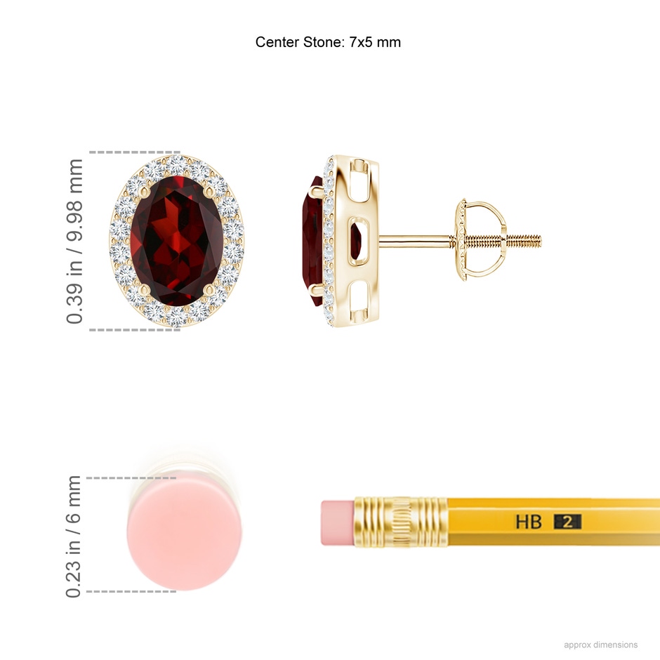 7x5mm AAA Oval Garnet Studs with Diamond Halo in Yellow Gold ruler