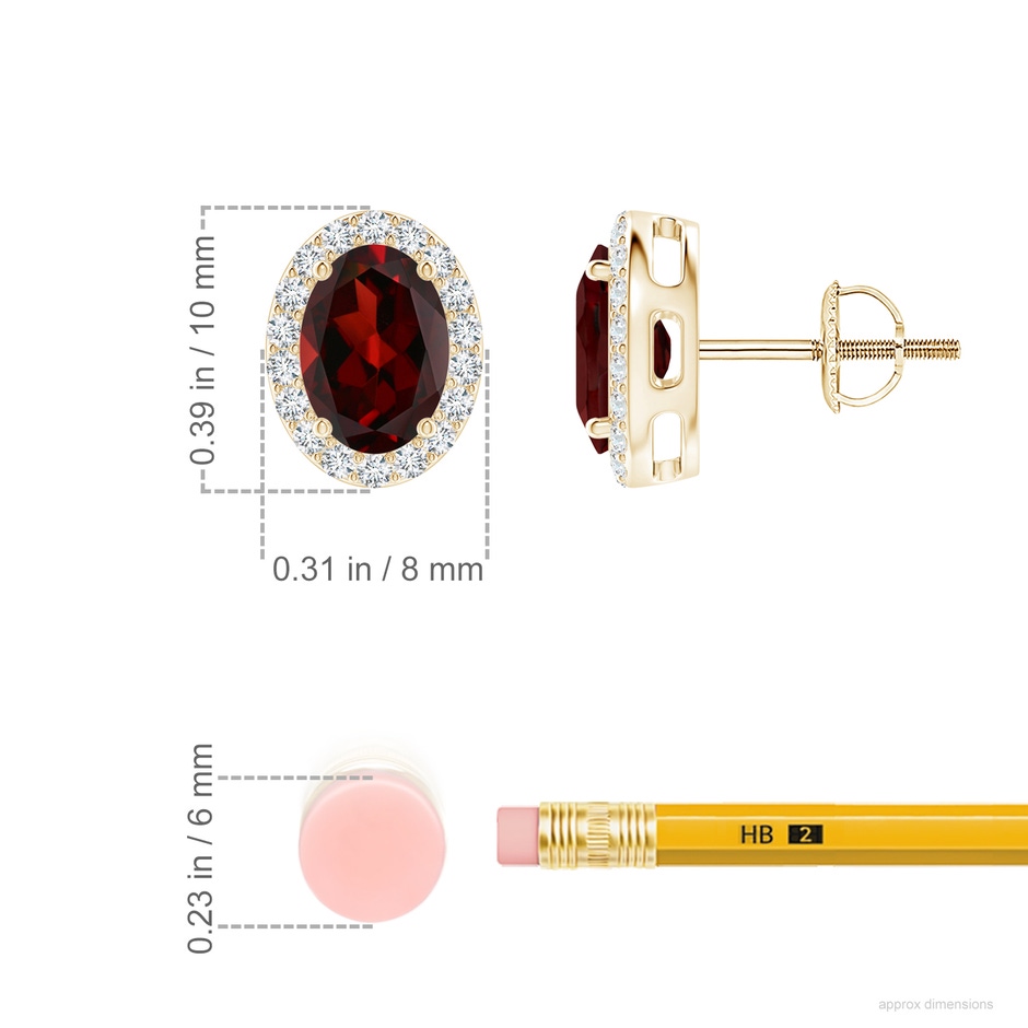 7x5mm AAA Prong-Set Oval Garnet Stud Earrings with Diamond Halo in Yellow Gold ruler