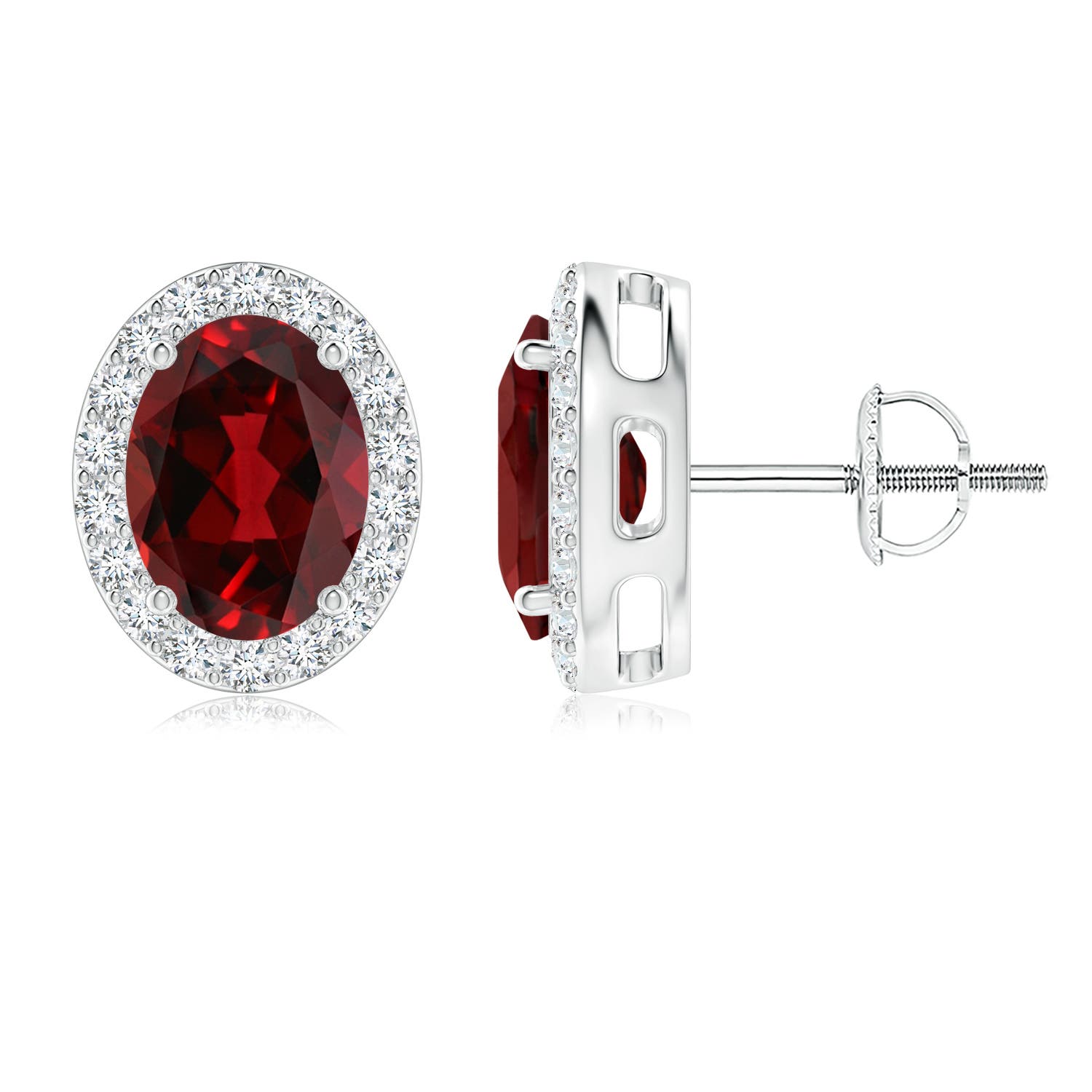 8x6mm AAAA Prong-Set Oval Garnet Stud Earrings with Diamond Halo in P950 Platinum