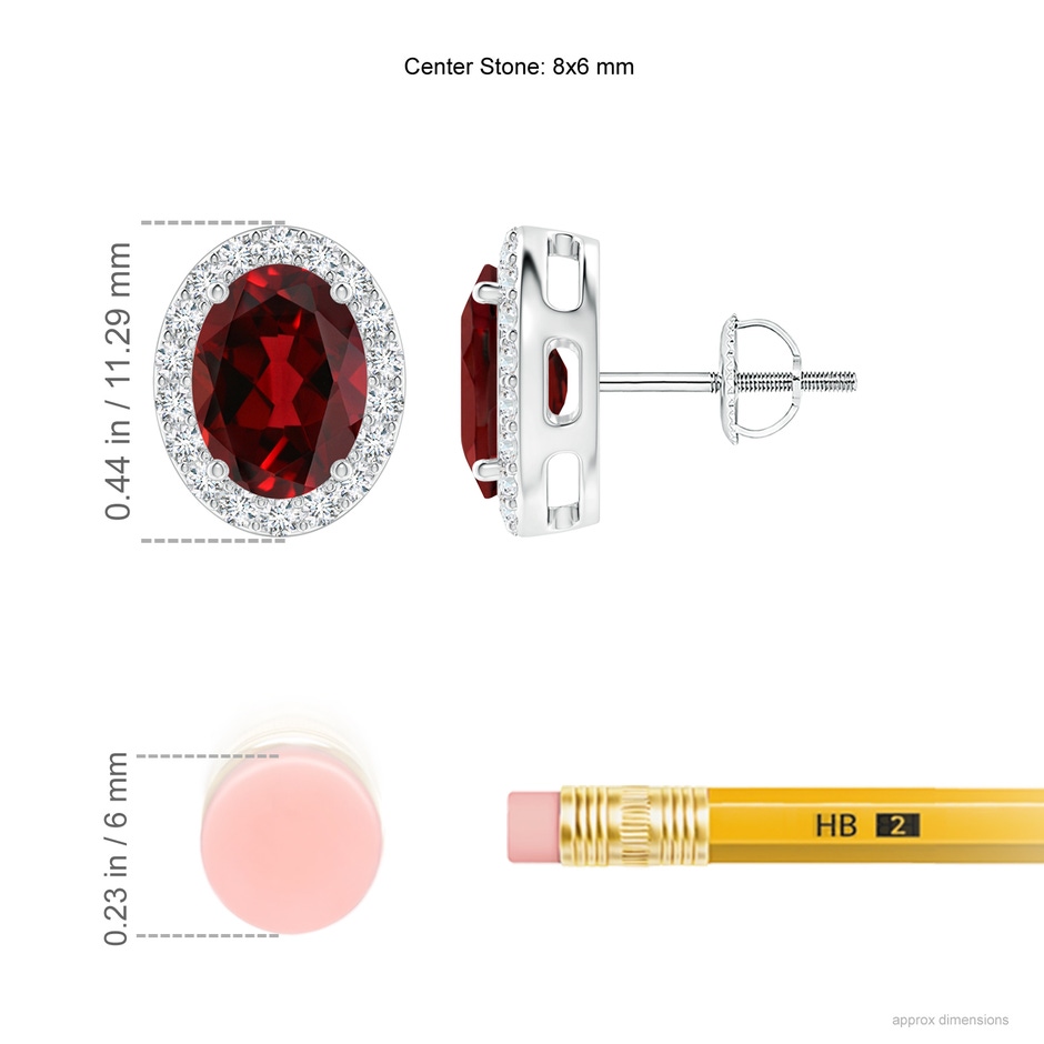 8x6mm AAAA Oval Garnet Studs with Diamond Halo in P950 Platinum ruler