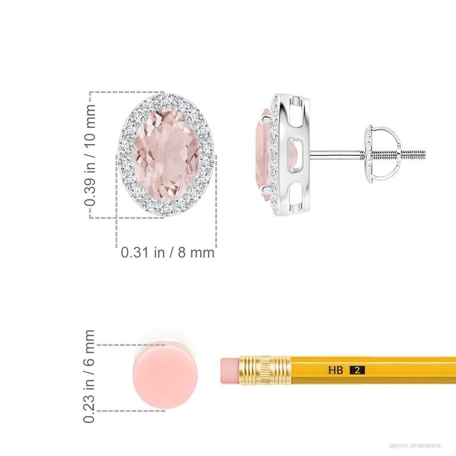 7x5mm A Prong-Set Oval Morganite Stud Earrings with Diamond Halo in White Gold ruler