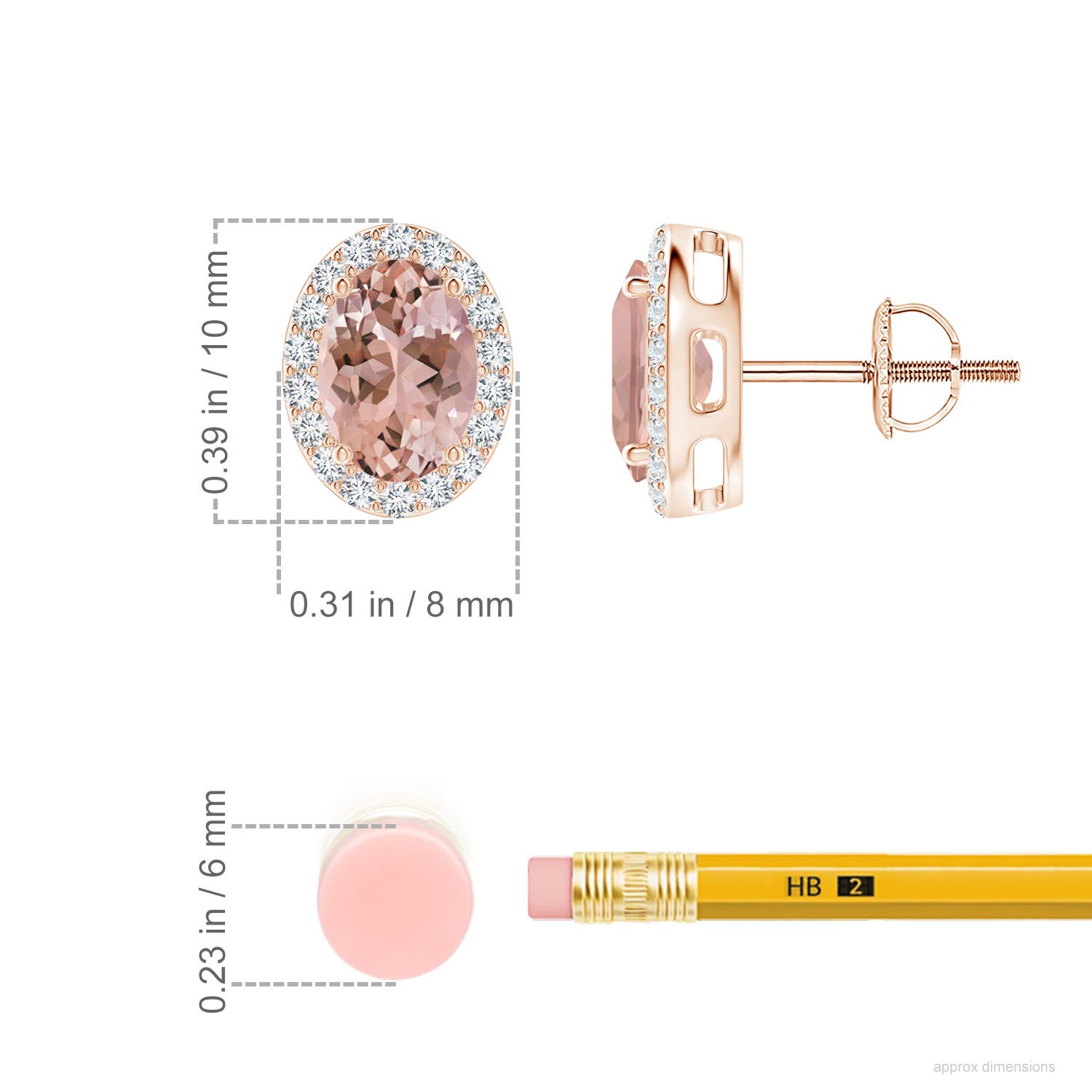 7x5mm AAAA Prong-Set Oval Morganite Stud Earrings with Diamond Halo in Rose Gold - ruler