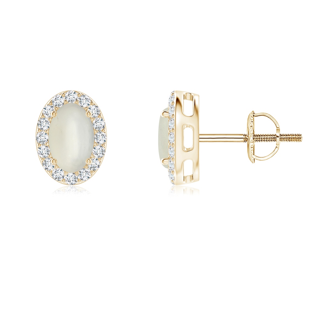 6x4mm AAA Oval Moonstone Studs with Diamond Halo in Yellow Gold