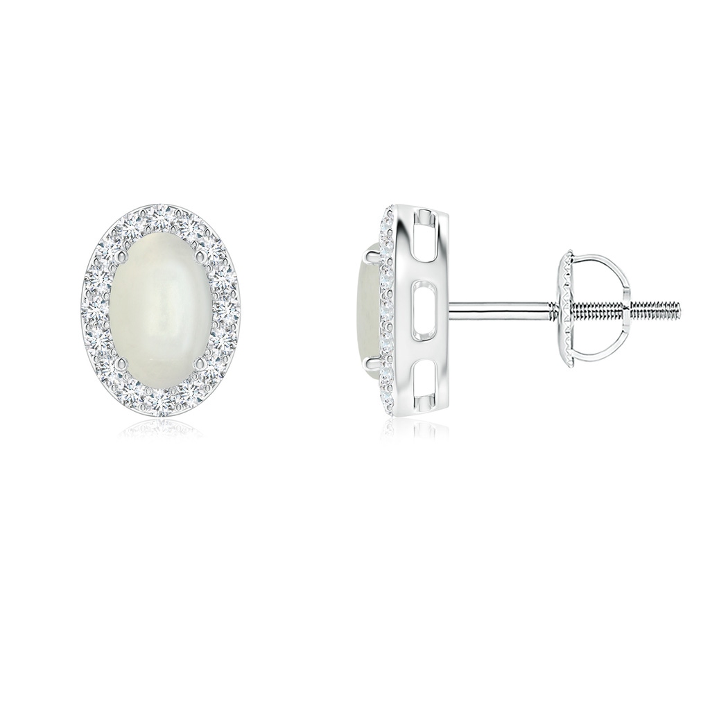 6x4mm AAAA Oval Moonstone Studs with Diamond Halo in White Gold