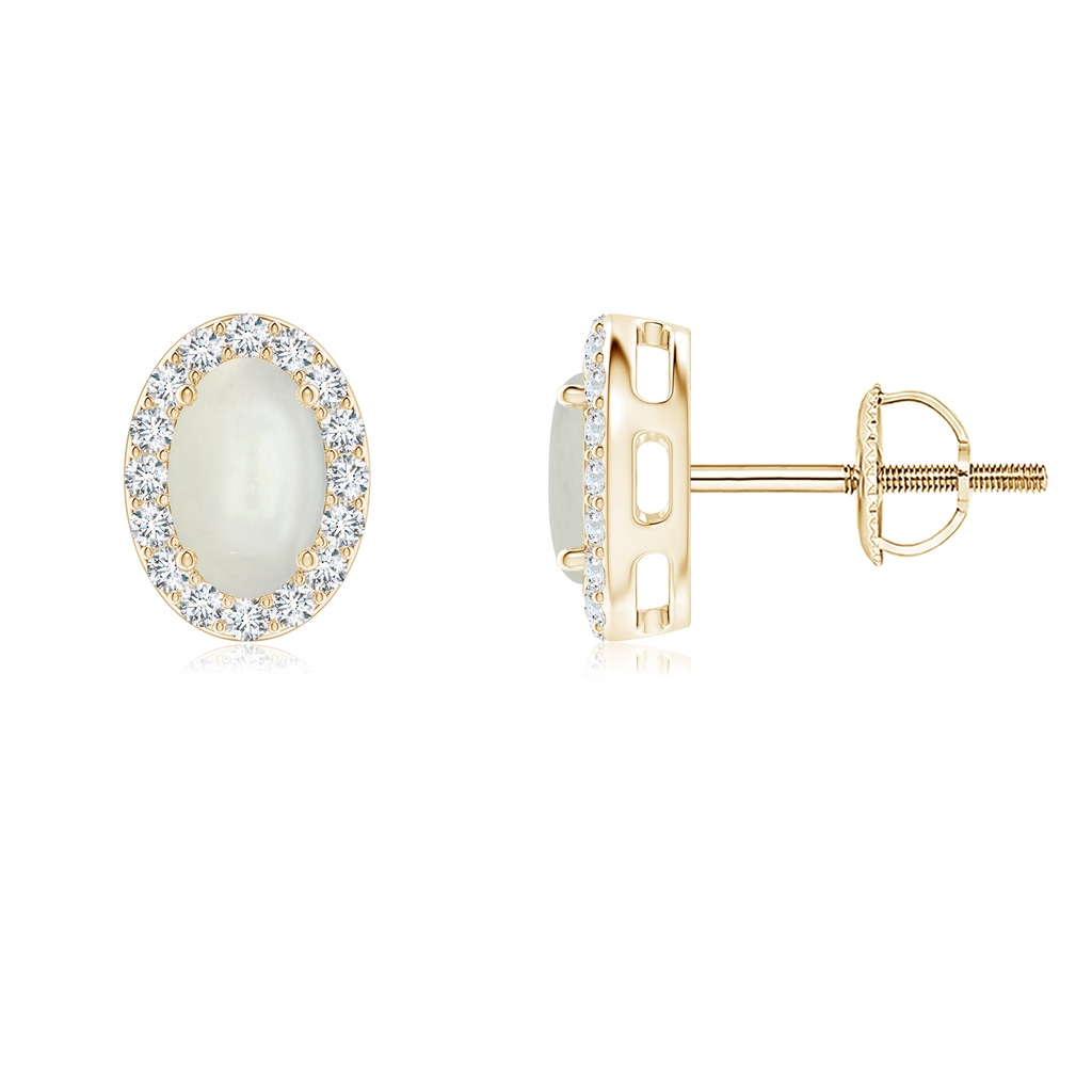 6x4mm AAAA Oval Moonstone Studs with Diamond Halo in Yellow Gold