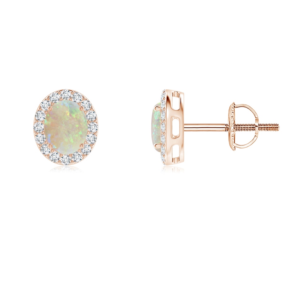 5x4mm AAA Oval Opal Studs with Diamond Halo in Rose Gold 