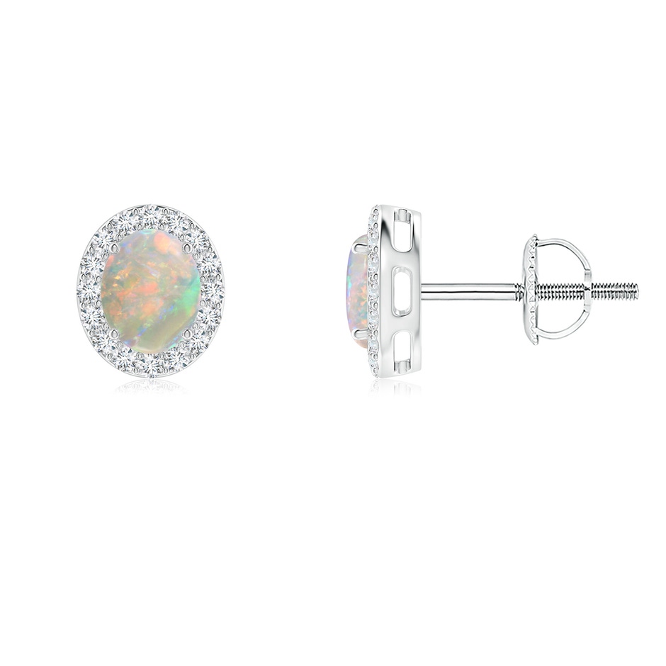 5x4mm AAAA Prong-Set Oval Opal Stud Earrings with Diamond Halo in P950 Platinum 