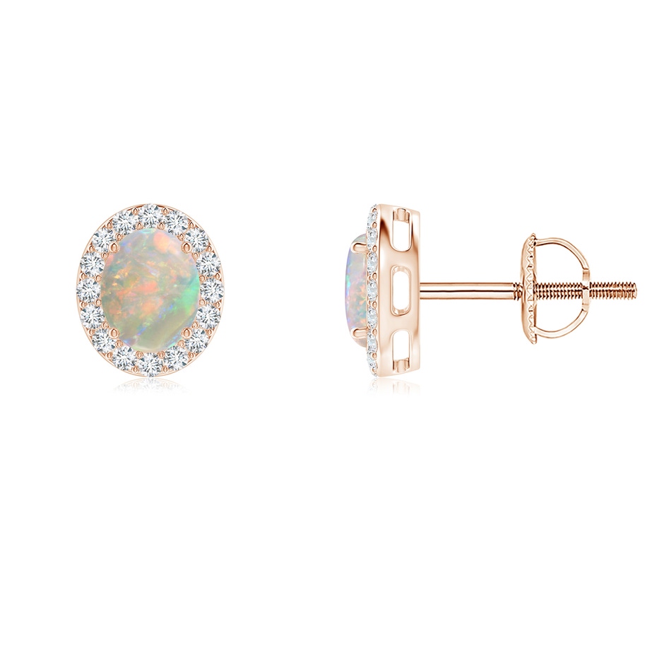 5x4mm AAAA Oval Opal Studs with Diamond Halo in Rose Gold 