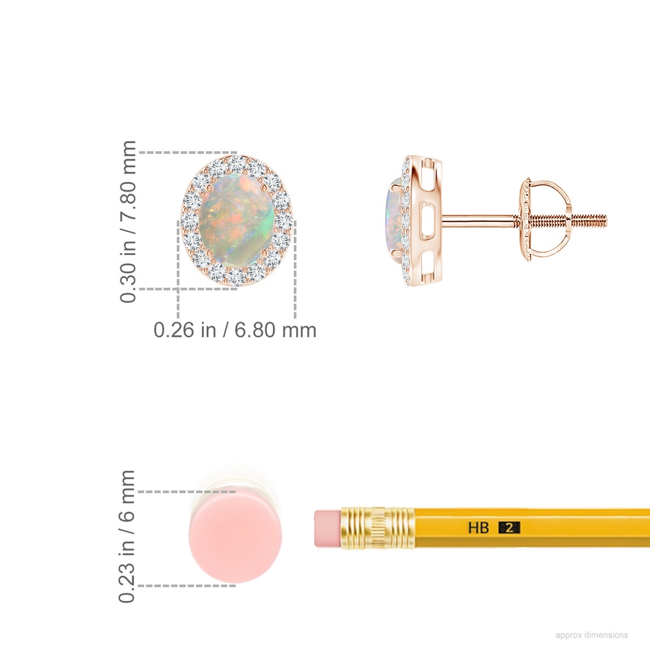 5x4mm AAAA Prong-Set Oval Opal Stud Earrings with Diamond Halo in Rose Gold ruler