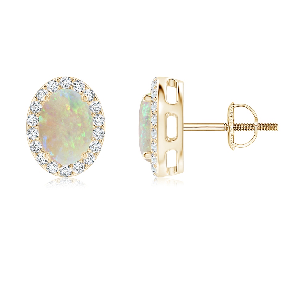 7x5mm AAA Prong-Set Oval Opal Stud Earrings with Diamond Halo in 18K Yellow Gold 