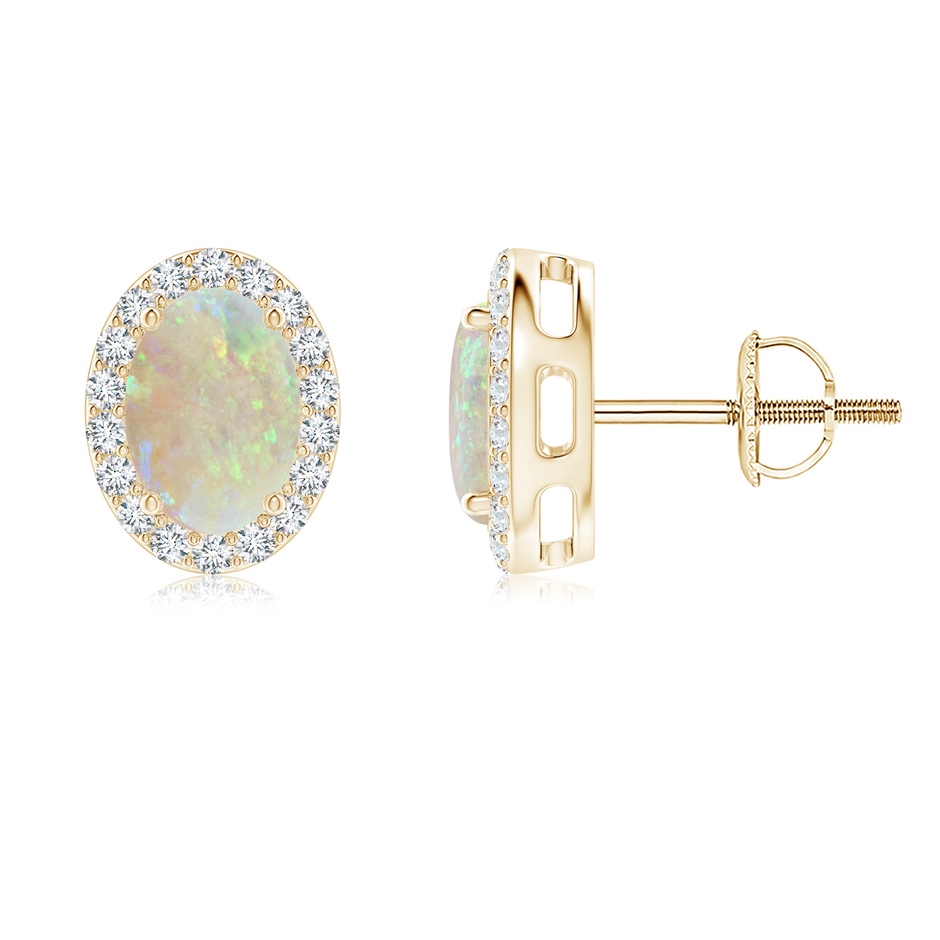 7x5mm AAA Oval Opal Studs with Diamond Halo in Yellow Gold 