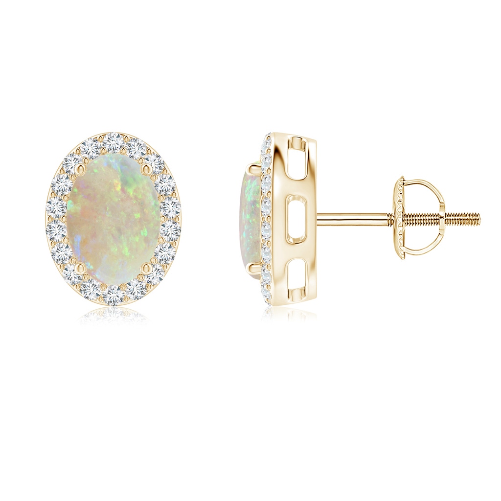 7x5mm AAA Oval Opal Studs with Diamond Halo in Yellow Gold