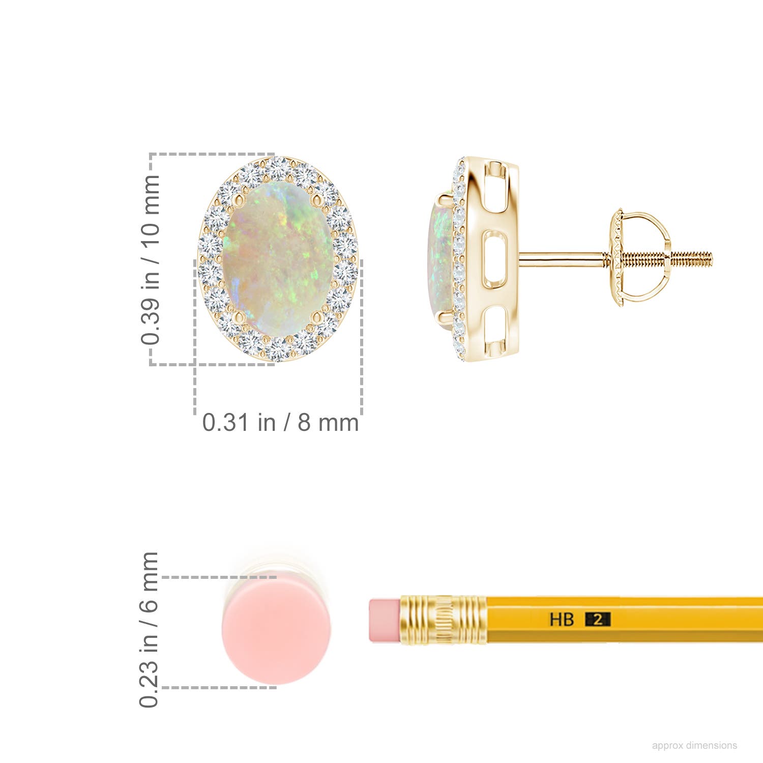 7x5mm AAA Prong-Set Oval Opal Stud Earrings with Diamond Halo in Yellow Gold - ruler
