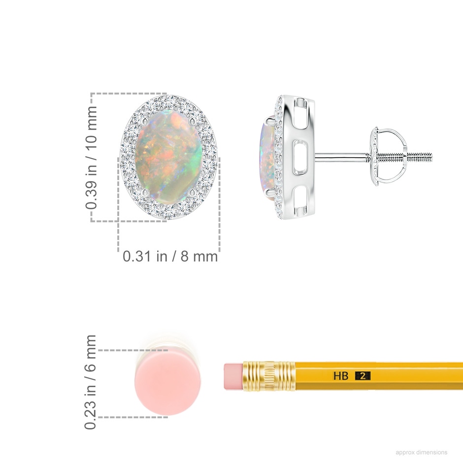7x5mm AAAA Prong-Set Oval Opal Stud Earrings with Diamond Halo in White Gold ruler