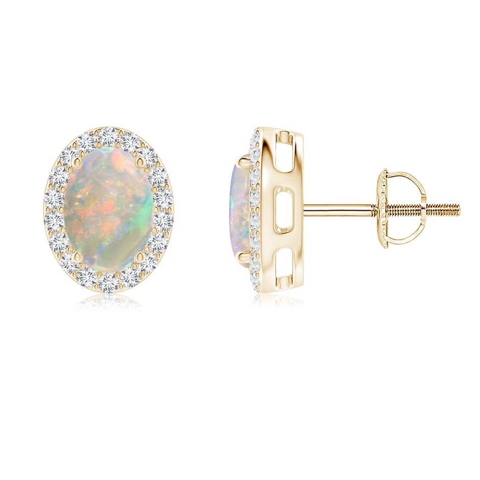 7x5mm AAAA Prong-Set Oval Opal Stud Earrings with Diamond Halo in Yellow Gold 